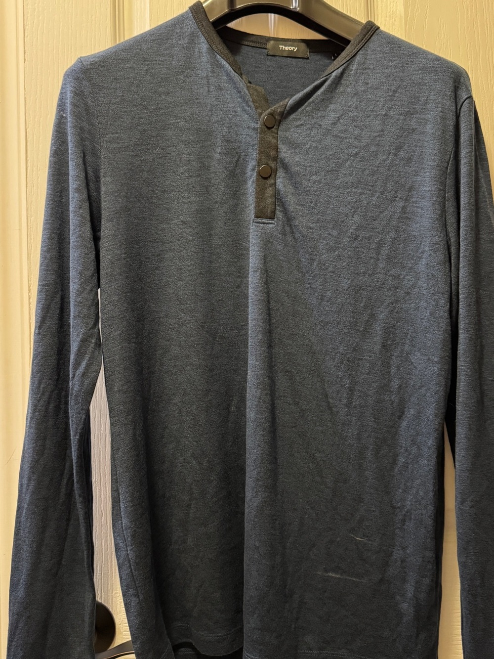 Theory Men's Long Sleeve Henley in Slate Blue with Black Trim